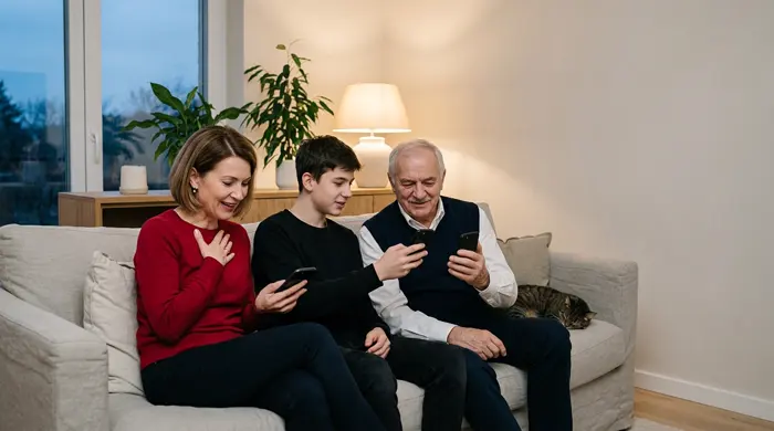 Három generáció egy kanapén, mindenki a saját telefonján olvassa az esküvői meghívót